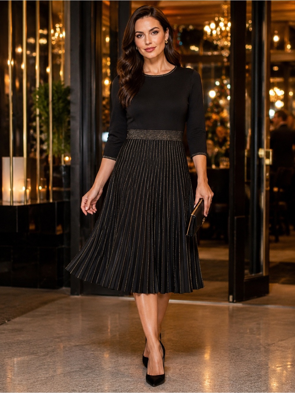 Maggy London Black Gold Metallic Pleated Sweater Knit Fit Flare Midi Dress M